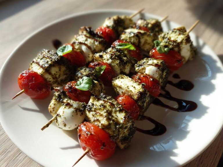 Close-up of Pesto Chicken Caprese Skewers featuring mozzarella, roasted tomatoes, and basil, drizzled with balsamic glaze.