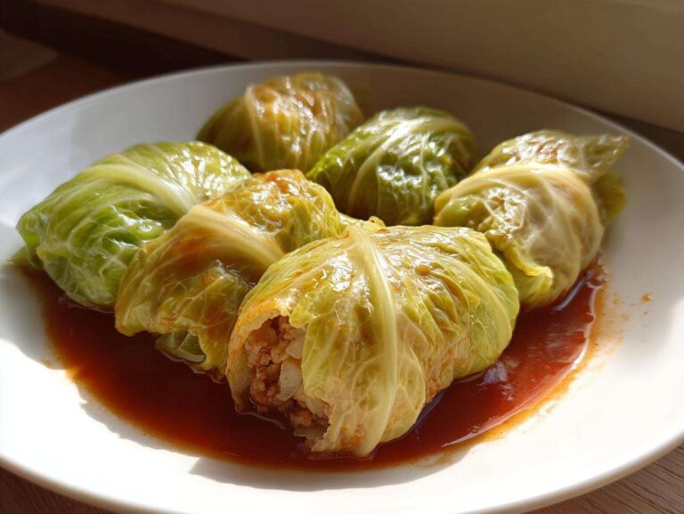A white plate featuring several cooked cabbage rolls nestled in a savory, reddish tomato sauce.