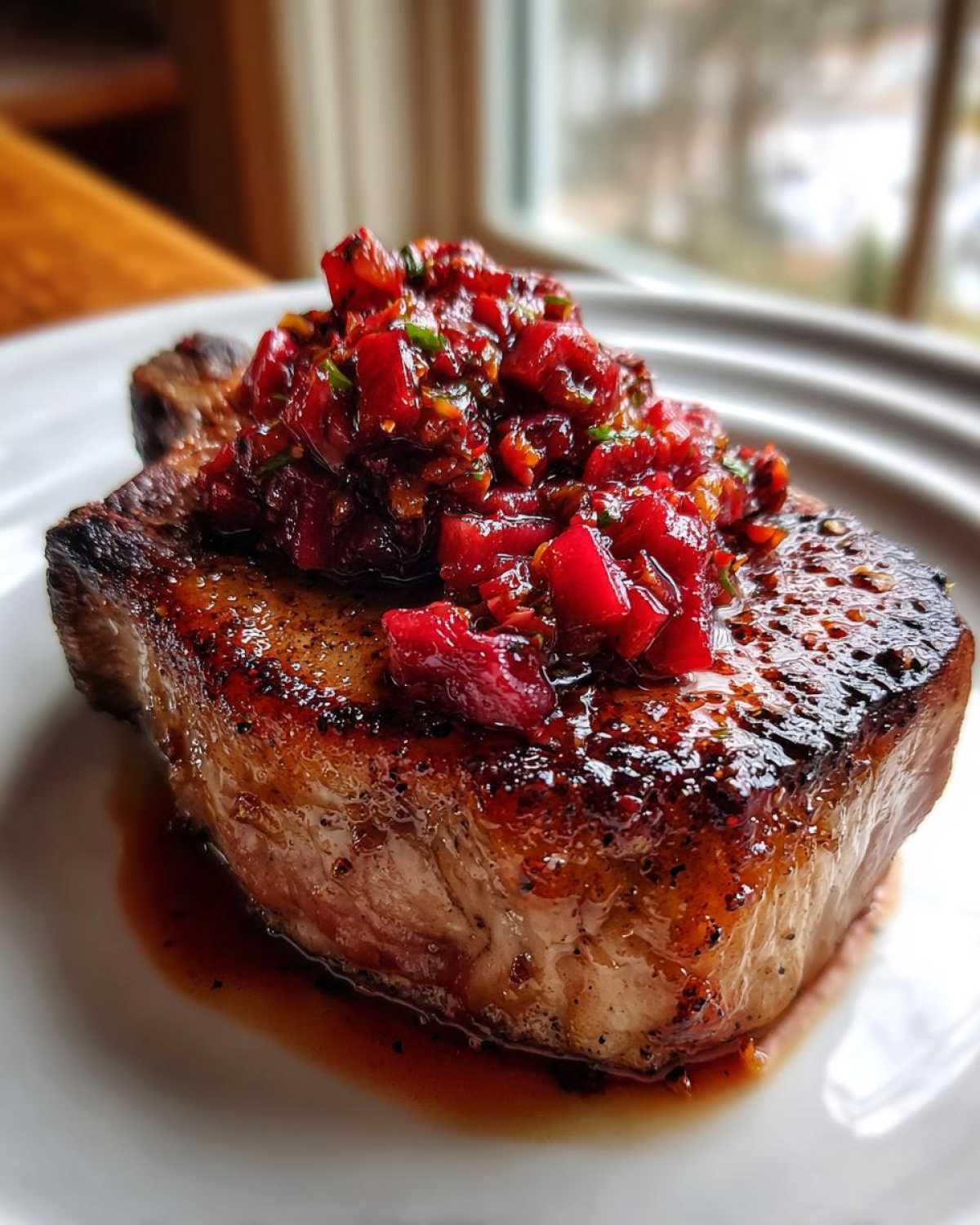 Close-up of a perfectly seared pork chop topped with vibrant red Pork Chops with Ancho Chilli Rhubarb Salsa.