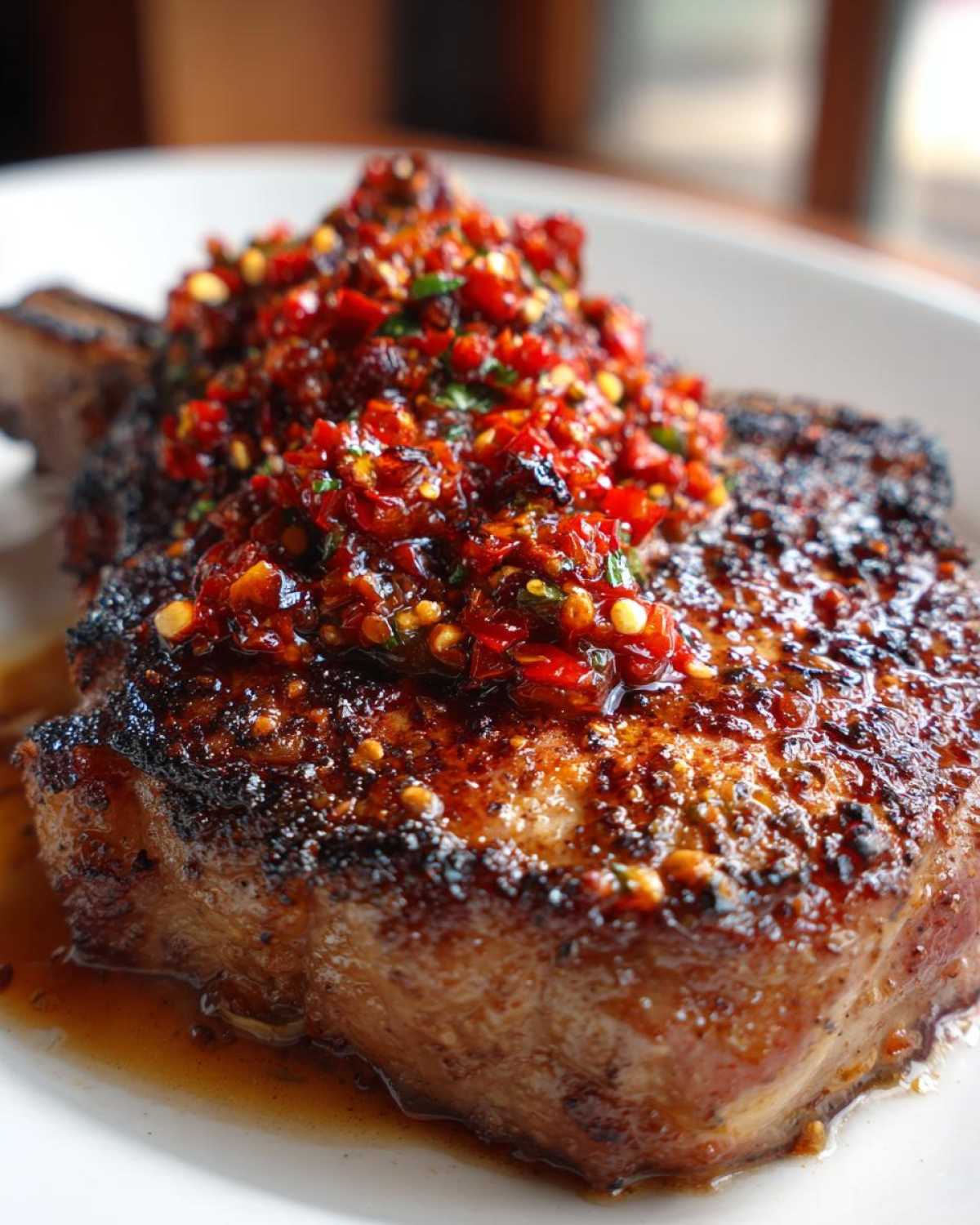 Close-up of a seared pork chop topped generously with vibrant red Ancho Chilli Rhubarb Salsa.