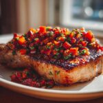 A perfectly seared pork chop topped generously with vibrant red Ancho Chilli Rhubarb Salsa.