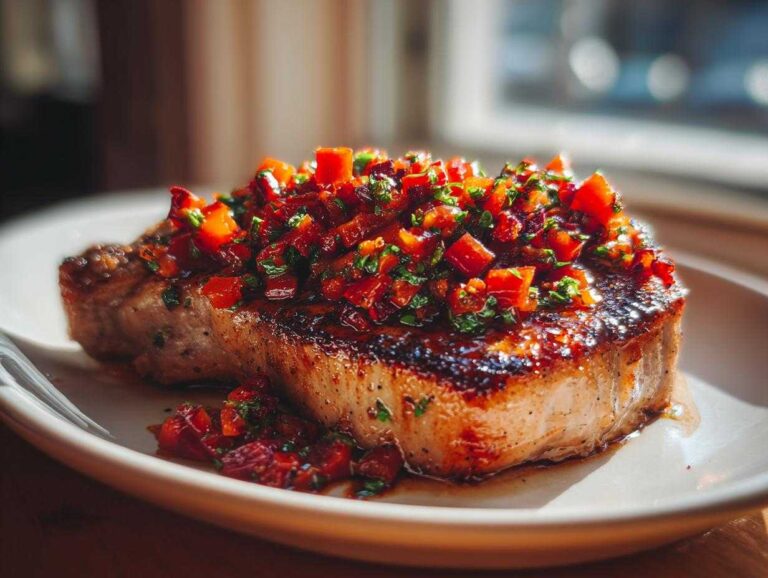 A perfectly seared pork chop topped generously with vibrant red Ancho Chilli Rhubarb Salsa.