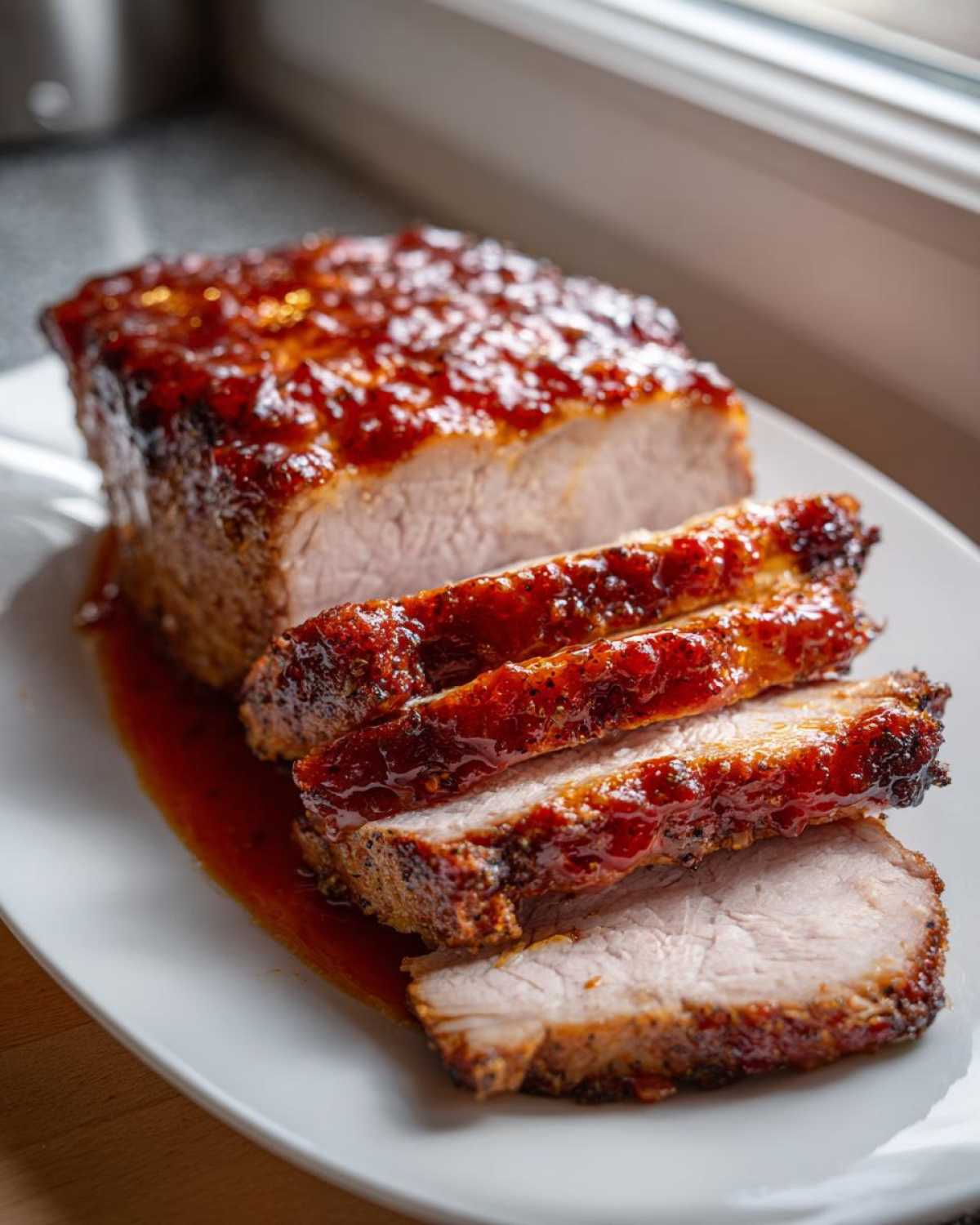 Close-up of sliced Pork Loin with Rhubarb-Orange Glaze, showing the juicy interior and shiny, caramelized topping.