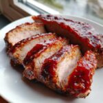 Close-up of perfectly cooked, sliced Pork Loin with Rhubarb-Orange Glaze on a white plate.