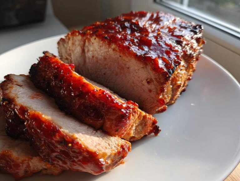 Close-up of sliced Pork Loin with Rhubarb-Orange Glaze, showing a shiny, caramelized exterior.