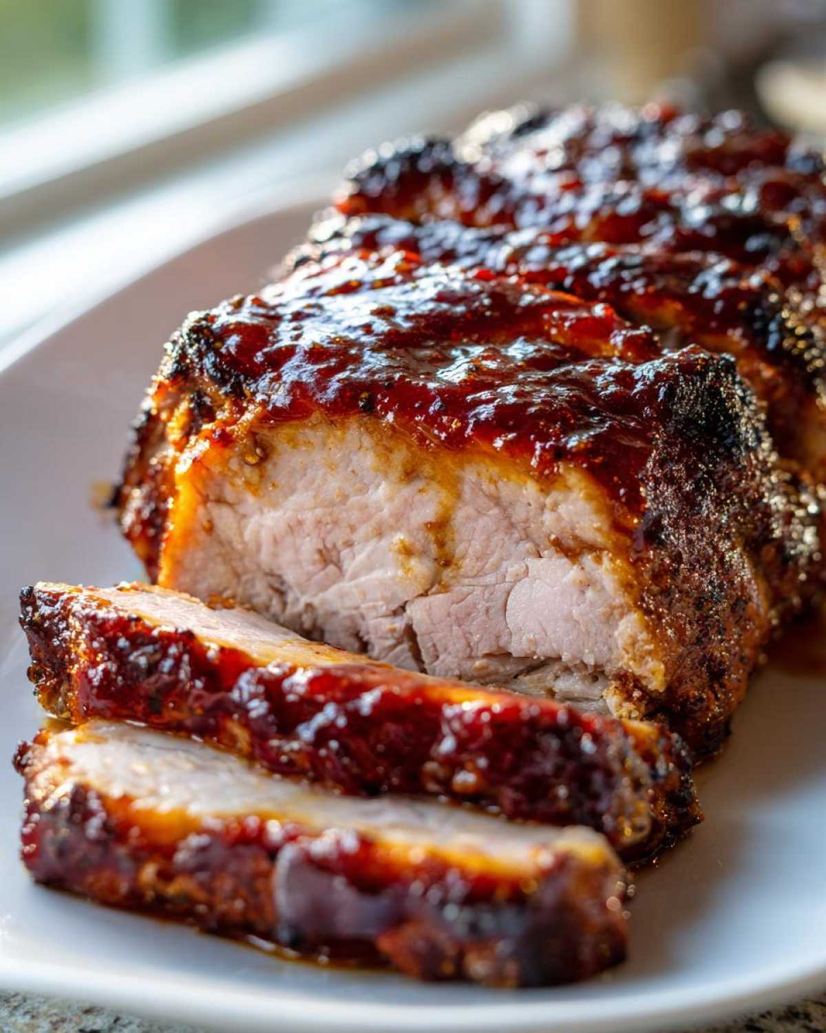 Close-up of a sliced Pork Loin with Rhubarb-Orange Glaze, showing juicy interior and caramelized topping.