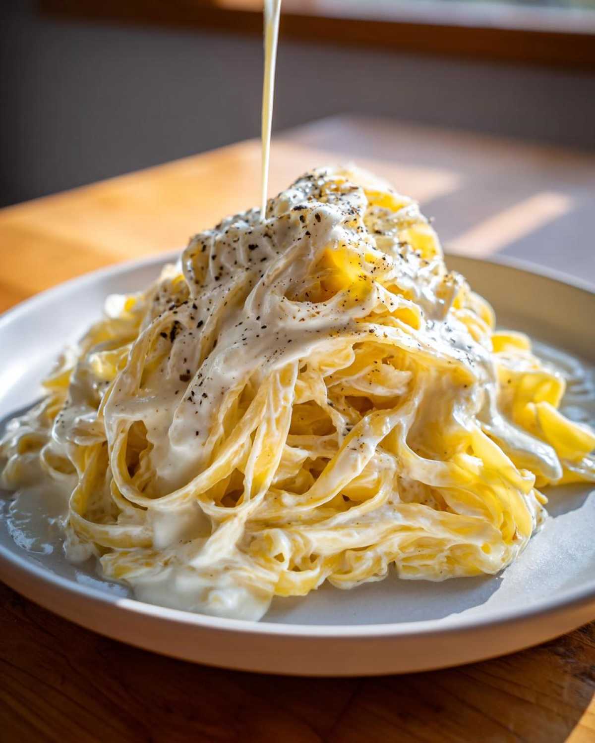 Fettuccine pasta being topped with creamy sauce, likely cottage cheese alfredo, and black pepper.