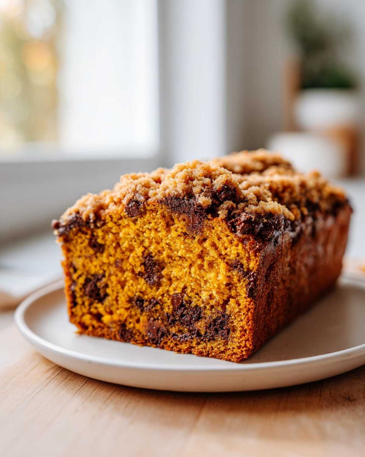 A freshly baked loaf of Pumpkin Chocolate Chip Streusel Bread with a thick, crumbly topping, sitting on a white plate.