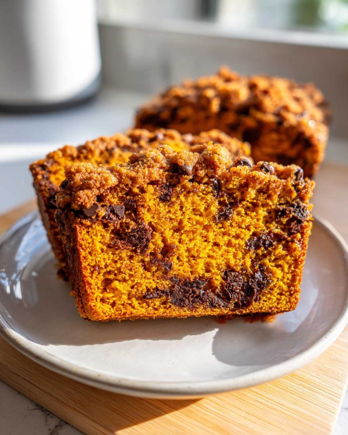 A thick slice of vibrant orange Pumpkin Chocolate Chip Streusel Bread showing melted chocolate chunks and a crumbly topping.