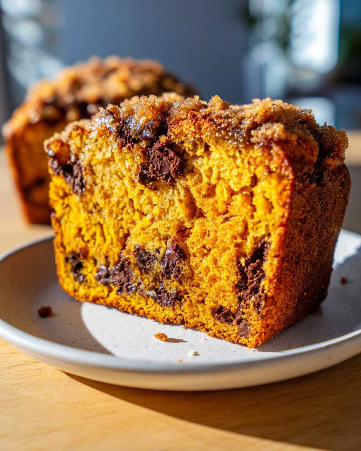 Close-up of a moist slice of Pumpkin Chocolate Chip Streusel Bread showing rich orange crumb and dark chocolate chips.