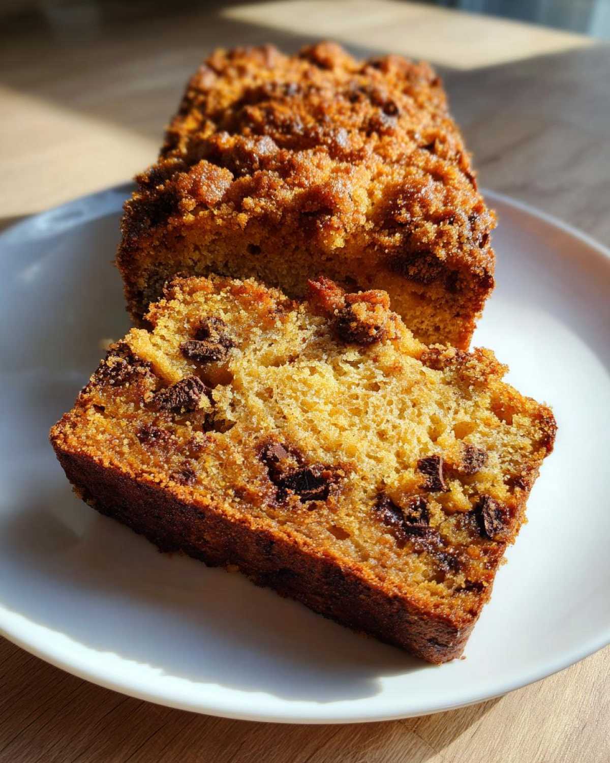 A slice of moist Pumpkin Chocolate Chip Streusel Bread showing chocolate chips and a thick, golden streusel topping.
