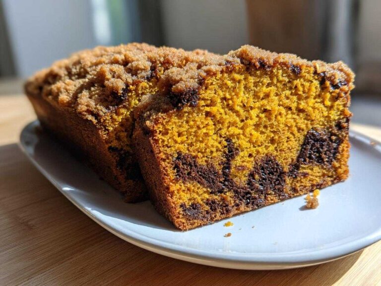 Two thick slices of vibrant orange Pumpkin Chocolate Chip Streusel Bread with a crumbly brown topping, sitting on a white plate.
