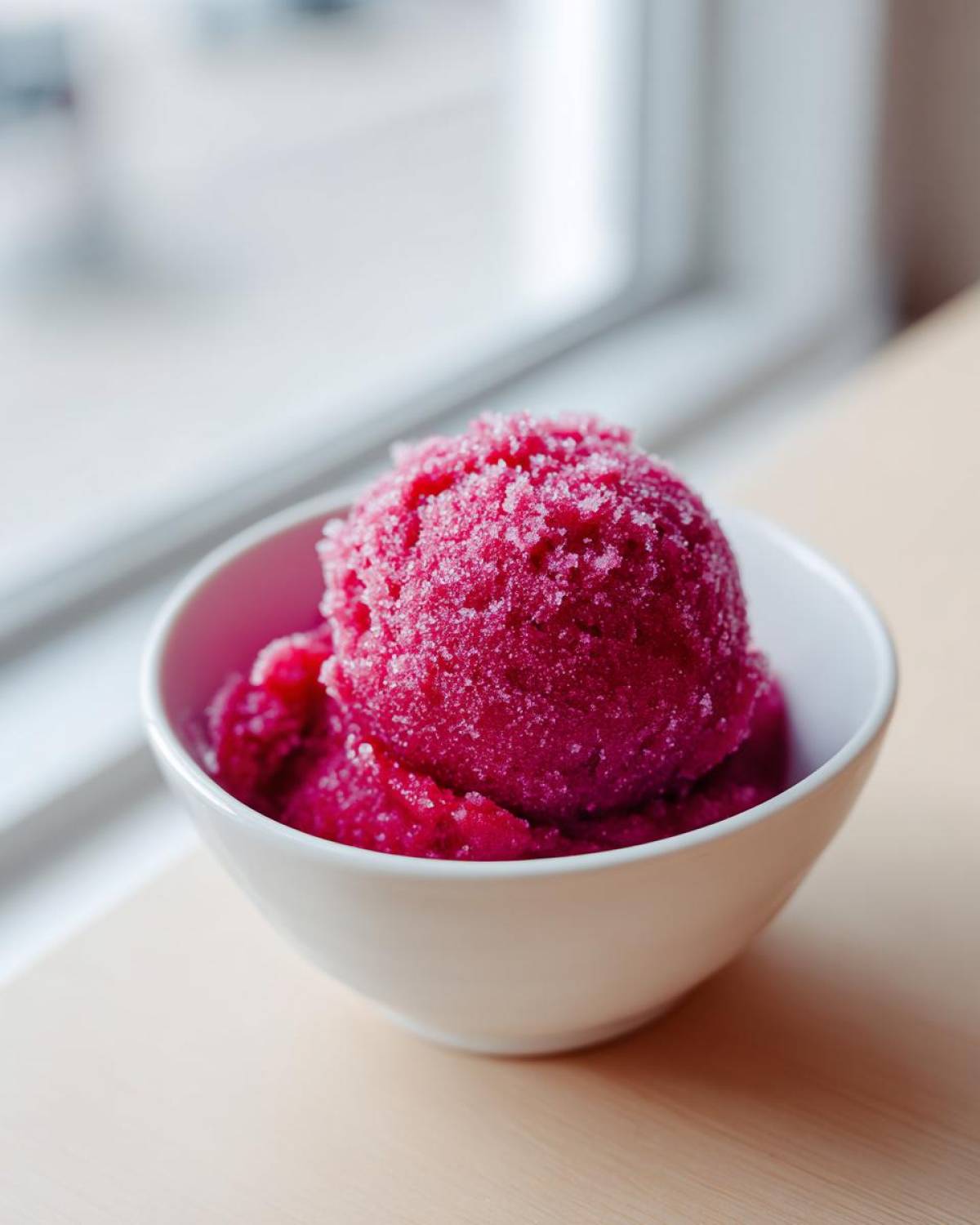 A bright pink scoop of icy Raspberry Sorbet served in a small white bowl, set against a bright, blurred window background.