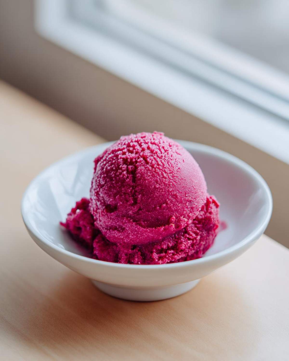 Two scoops of bright magenta Raspberry Sorbet served in a small white bowl on a light wooden surface near a window.