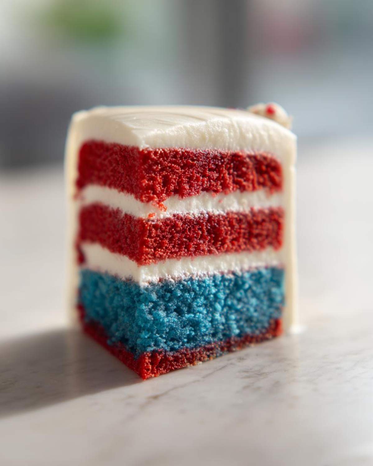Close-up of a slice showing the layers of the Red, White & Blue Layered Flag Cake with red, white, and blue cake layers.