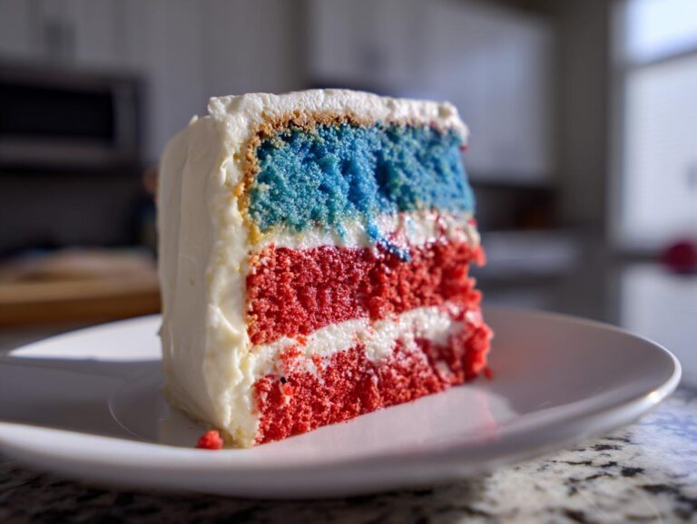 A close-up of a slice of Red, White & Blue Layered Flag Cake showing red, white, and blue layers with white frosting.