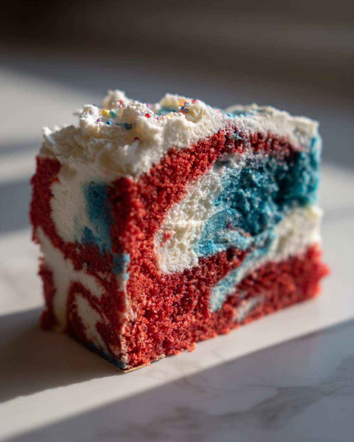Close-up of a slice of Red, White & Blue Marble Memorial Day Cake showing marbled red, white, and blue layers with white frosting and sprinkles.