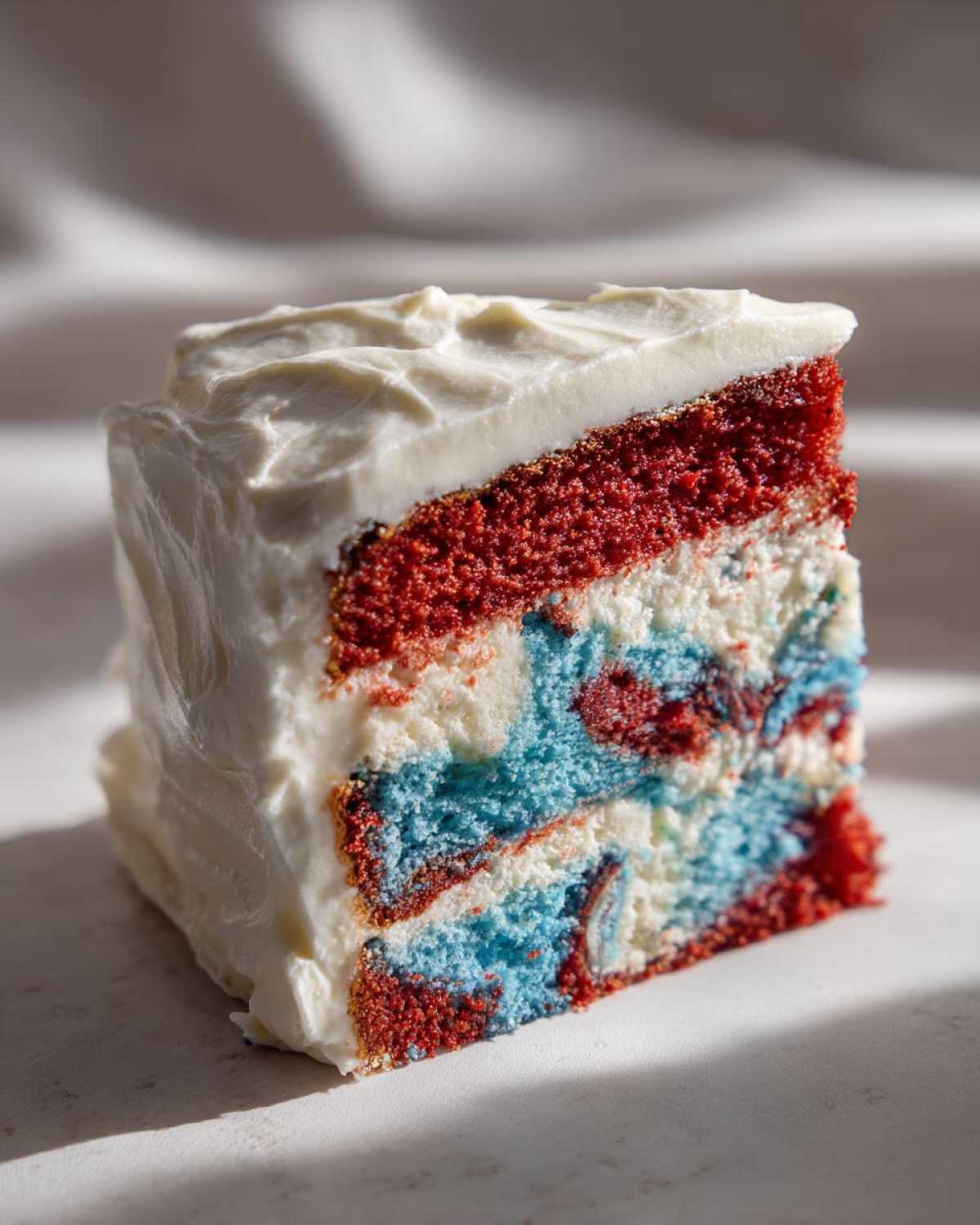 Close-up of a slice of Red, White & Blue Marble Memorial Day Cake with thick white frosting.