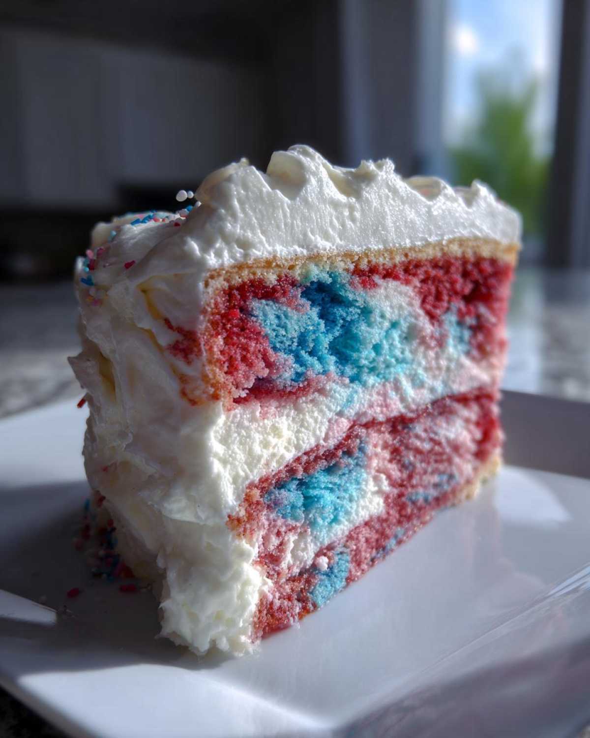 Close-up of a slice of Red, White & Blue Marble Memorial Day Cake showing red, white, and blue marbled layers with thick white frosting.