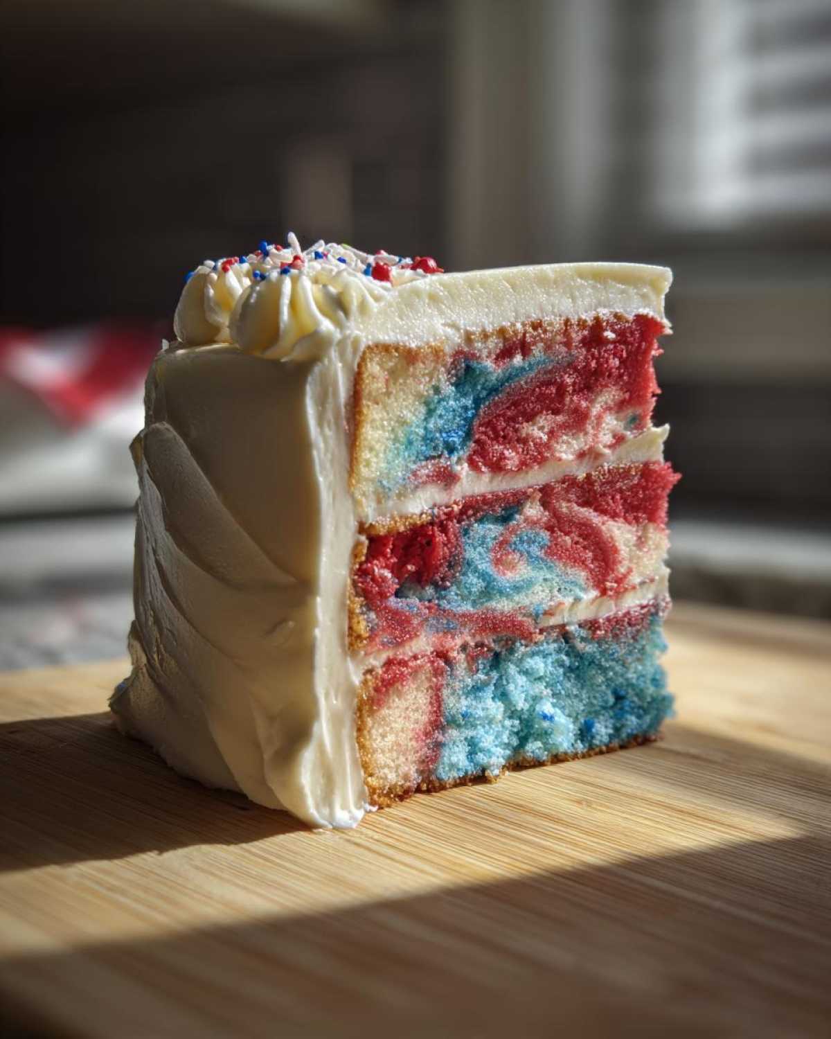 A tall slice of Red, White & Blue Marble Memorial Day Cake with three layers of marbled cake and white frosting.