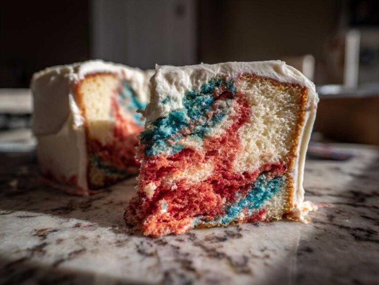 Close-up of a slice showing the vibrant red and blue marbled interior of the Red, White & Blue Marble Memorial Day Cake, covered in white frosting.