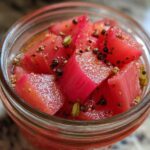 Close-up of bright pink, cubed Refrigerator Rhubarb Pickles seasoned with black pepper and mustard seeds in a glass jar.
