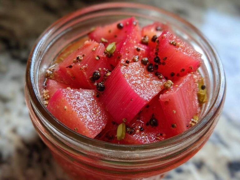 Close-up of bright pink, cubed Refrigerator Rhubarb Pickles seasoned with black pepper and mustard seeds in a glass jar.
