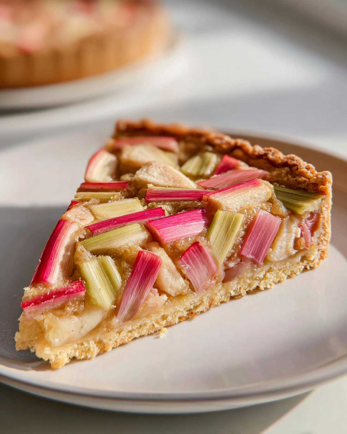 A close-up slice of Rhubarb and Almond Chevron Tart showing pink and green rhubarb pieces on a buttery crust.