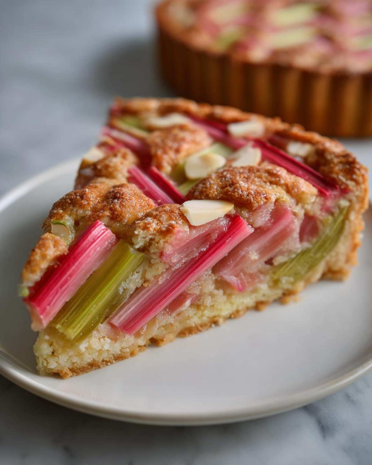 A close-up slice of Rhubarb and Almond Chevron Tart showing bright pink and green rhubarb stalks baked into a frangipane base, topped with almonds.