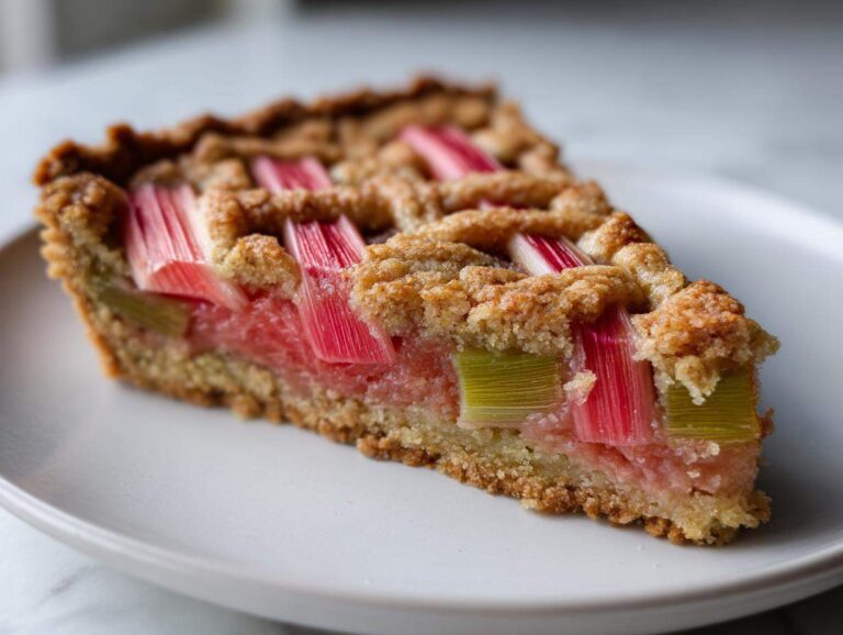 Amazing Rhubarb and Almond Chevron Tart Secret Close-up of a slice of Rhubarb and Almond Chevron Tart showing vibrant pink rhubarb pieces and crumbly almond crust.