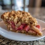 Close-up of a slice of Rhubarb and Apple "Scrunch" Pie showing the fruit filling and crumbly topping.