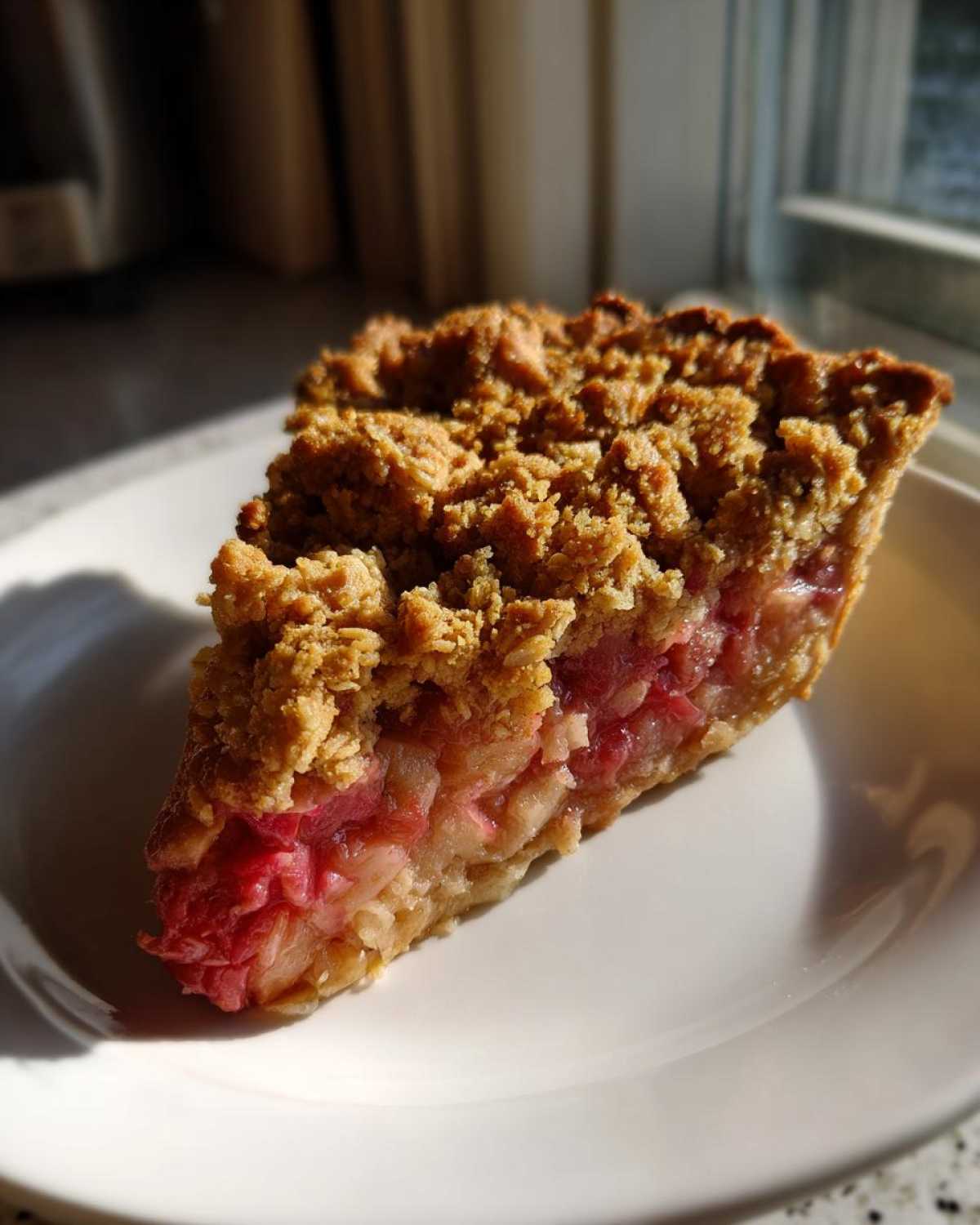 A close-up slice of Rhubarb and Apple 