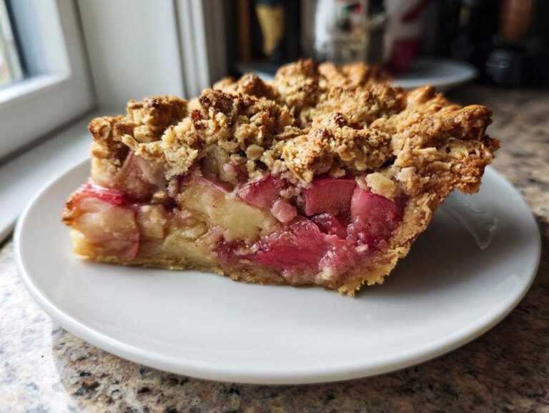 A thick slice of Rhubarb and Apple "Scrunch" Pie showing bright pink rhubarb, apple chunks, and a golden crumble topping on a white plate.