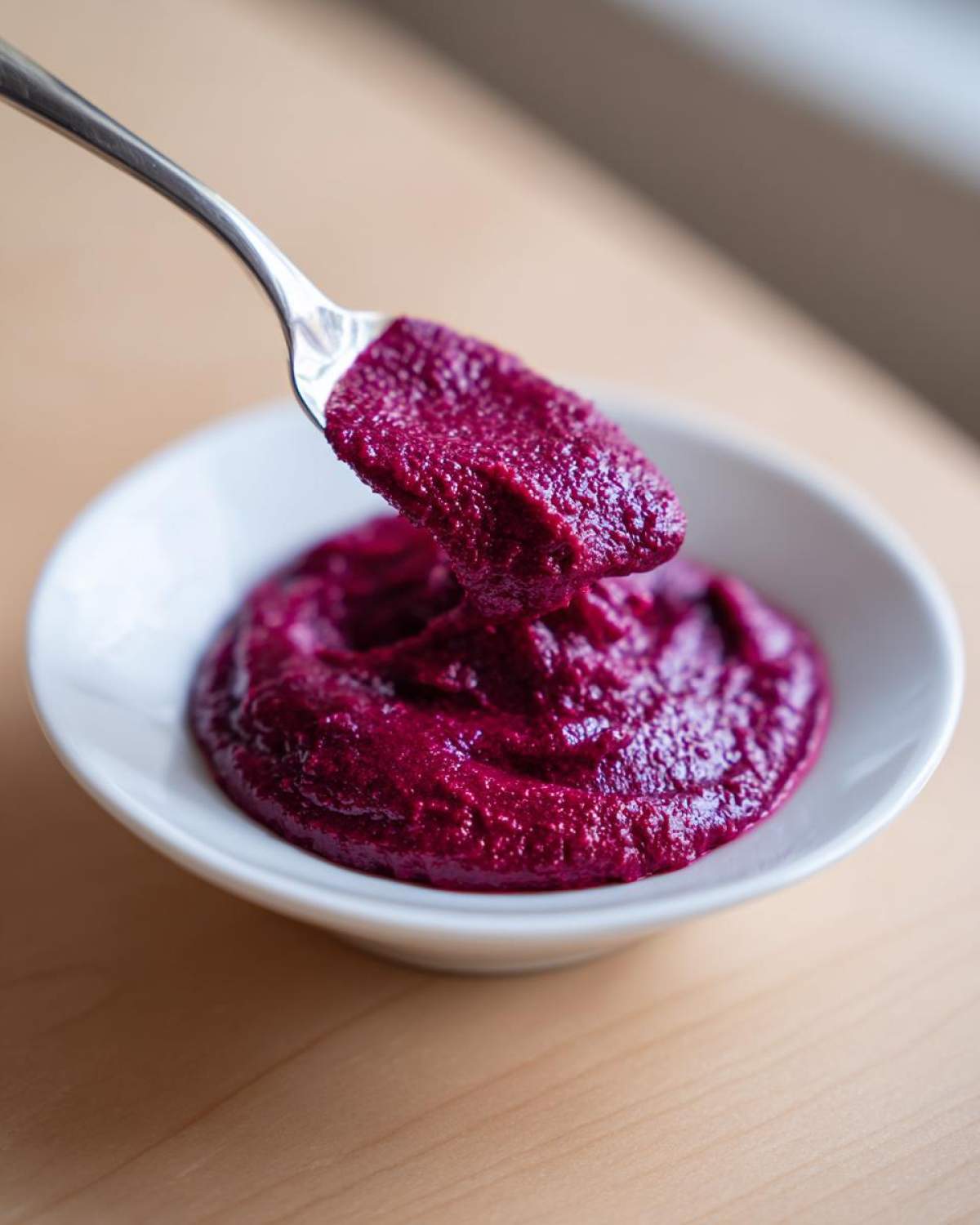 A spoonful of thick, vibrant purple Rhubarb and Beetroot Ketchup being lifted from a small white bowl.