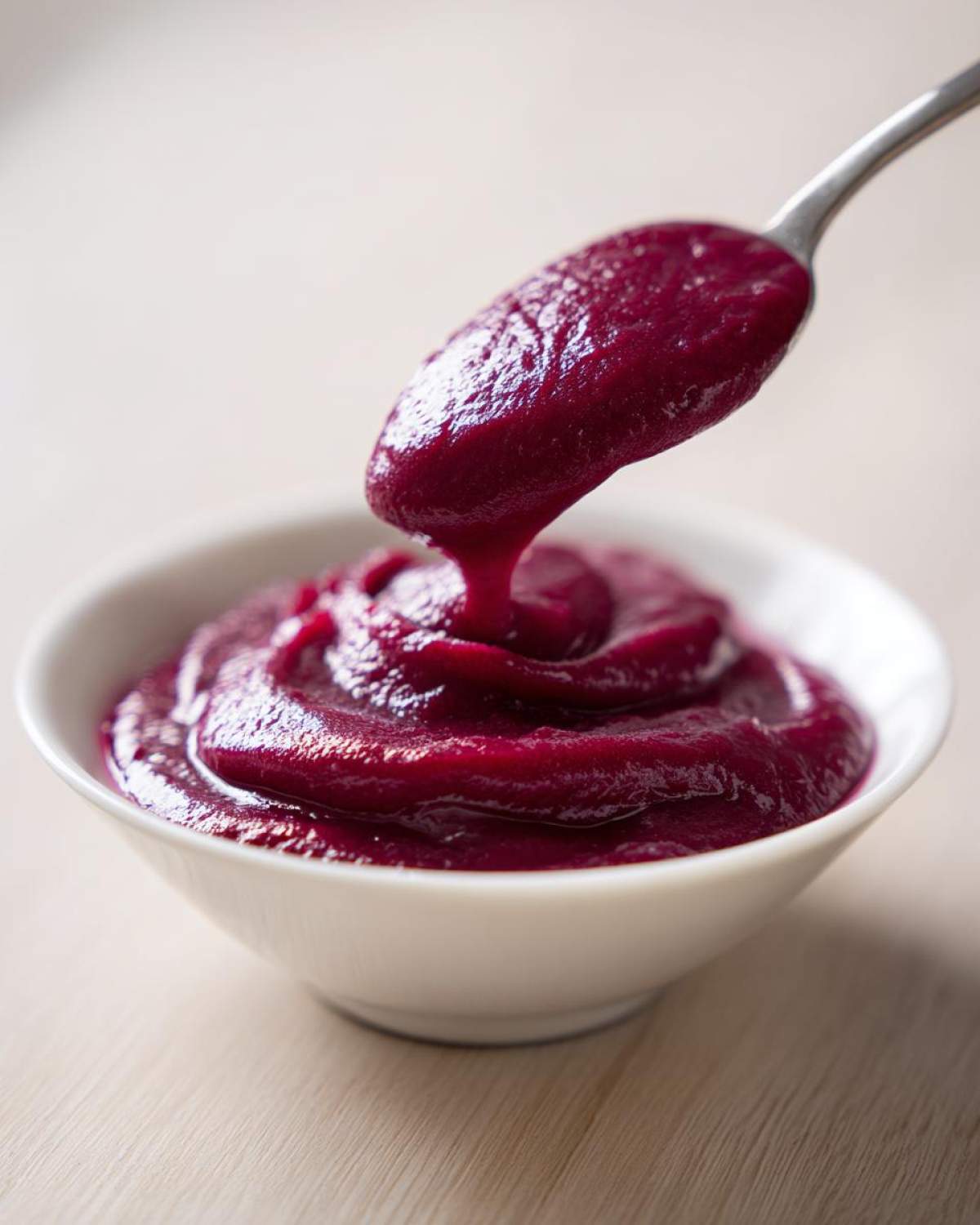A spoonful of thick, vibrant purple Rhubarb and Beetroot Ketchup being lifted from a small white bowl.