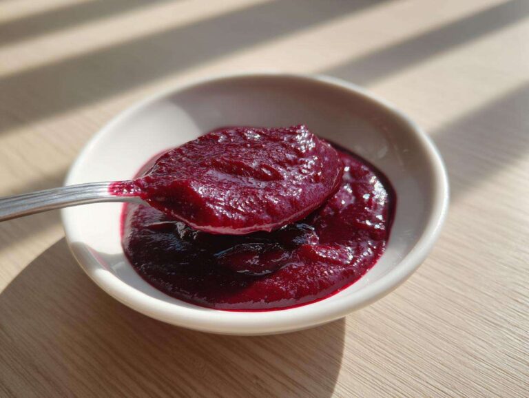 A spoonful of vibrant, deep red Rhubarb and Beetroot Ketchup being lifted from a small white bowl.
