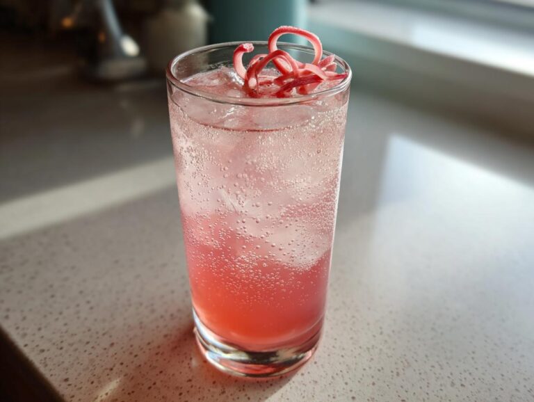 A tall glass filled with a pink, bubbly Rhubarb and Elderflower Gin Fizz, garnished with a rhubarb ribbon.