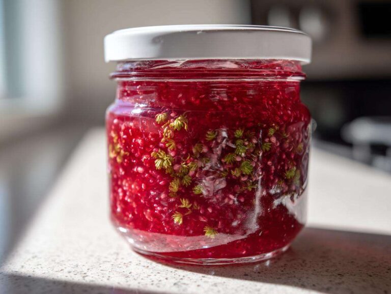 Close-up of a jar filled with bright red Rhubarb and Elderflower Jam, showing suspended fruit pieces and elderflower blossoms.