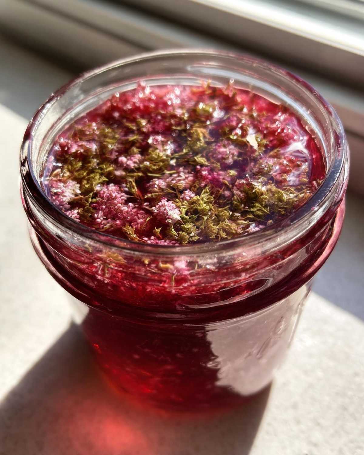 Close-up of a jar filled with bright red Rhubarb and Elderflower Jam, topped with floating pink and green elderflower blossoms.