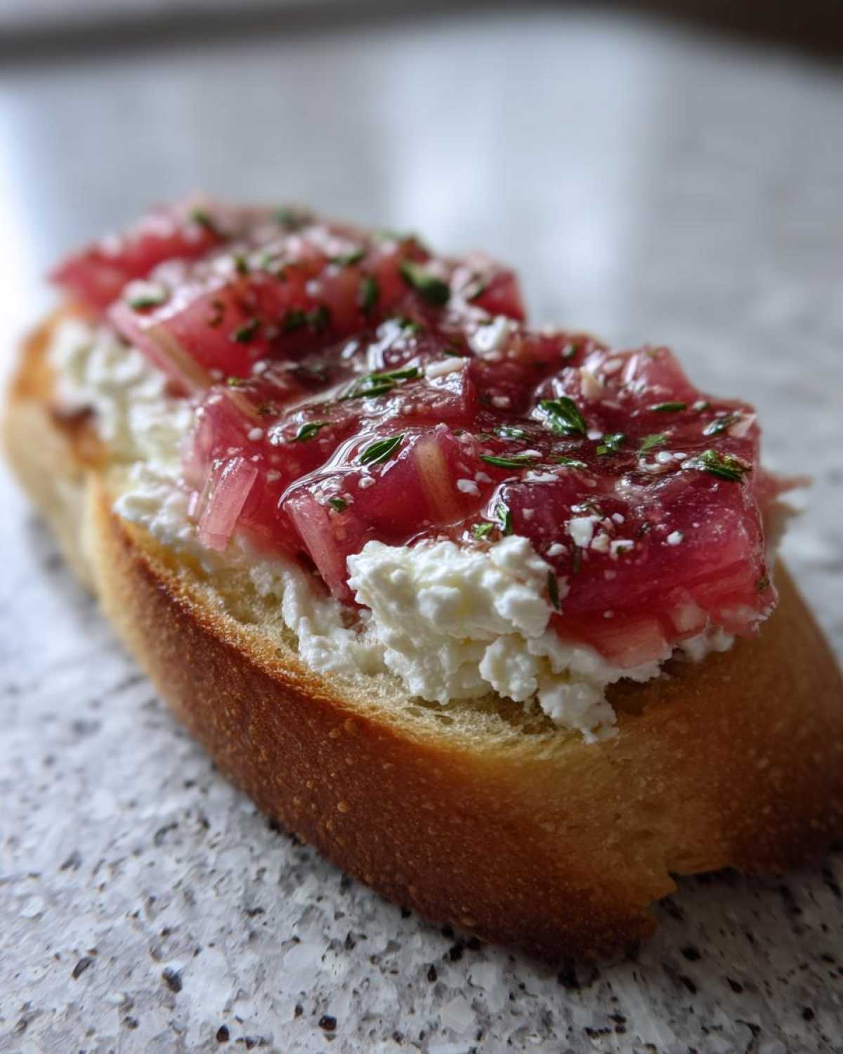 A single piece of Rhubarb and Goat Cheese Bruschetta featuring creamy goat cheese and bright pink rhubarb topping on toasted bread.