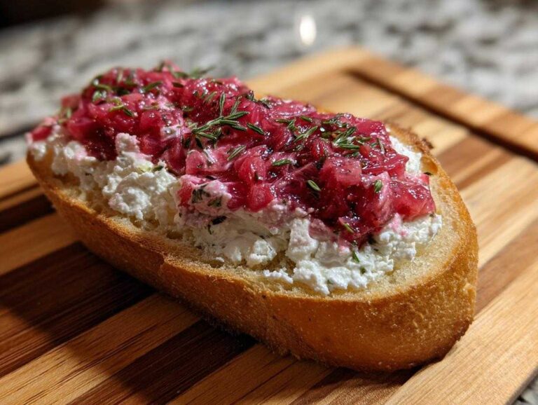 A single piece of Rhubarb and Goat Cheese Bruschetta featuring creamy goat cheese and bright pink rhubarb topping on toasted bread.