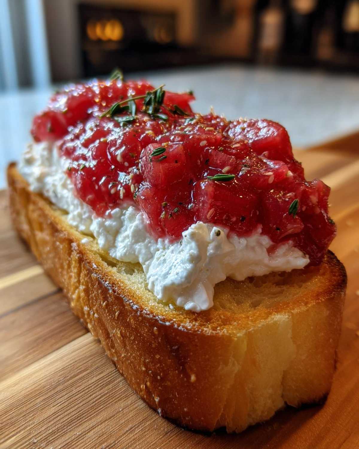 A single piece of toasted bread topped with creamy goat cheese and vibrant red rhubarb compote for Rhubarb and Goat Cheese Bruschetta.