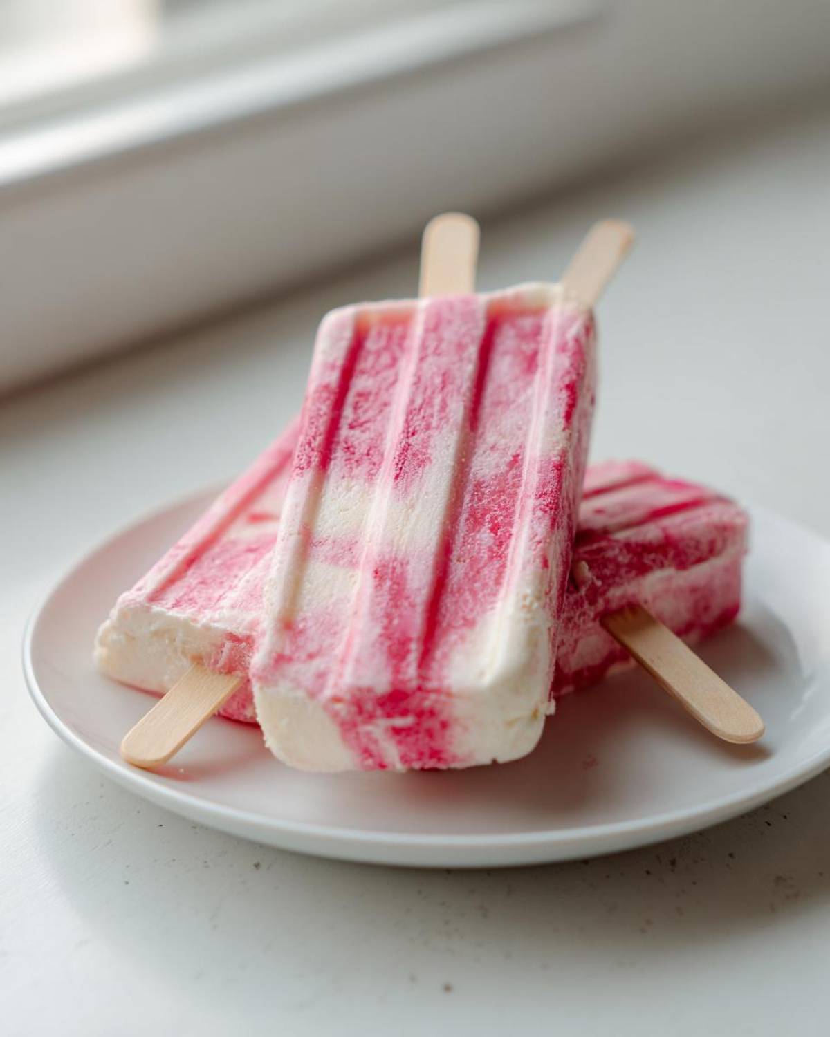 Three homemade Rhubarb and Greek Yogurt Popsicles with pink and white swirls stacked on a white plate.