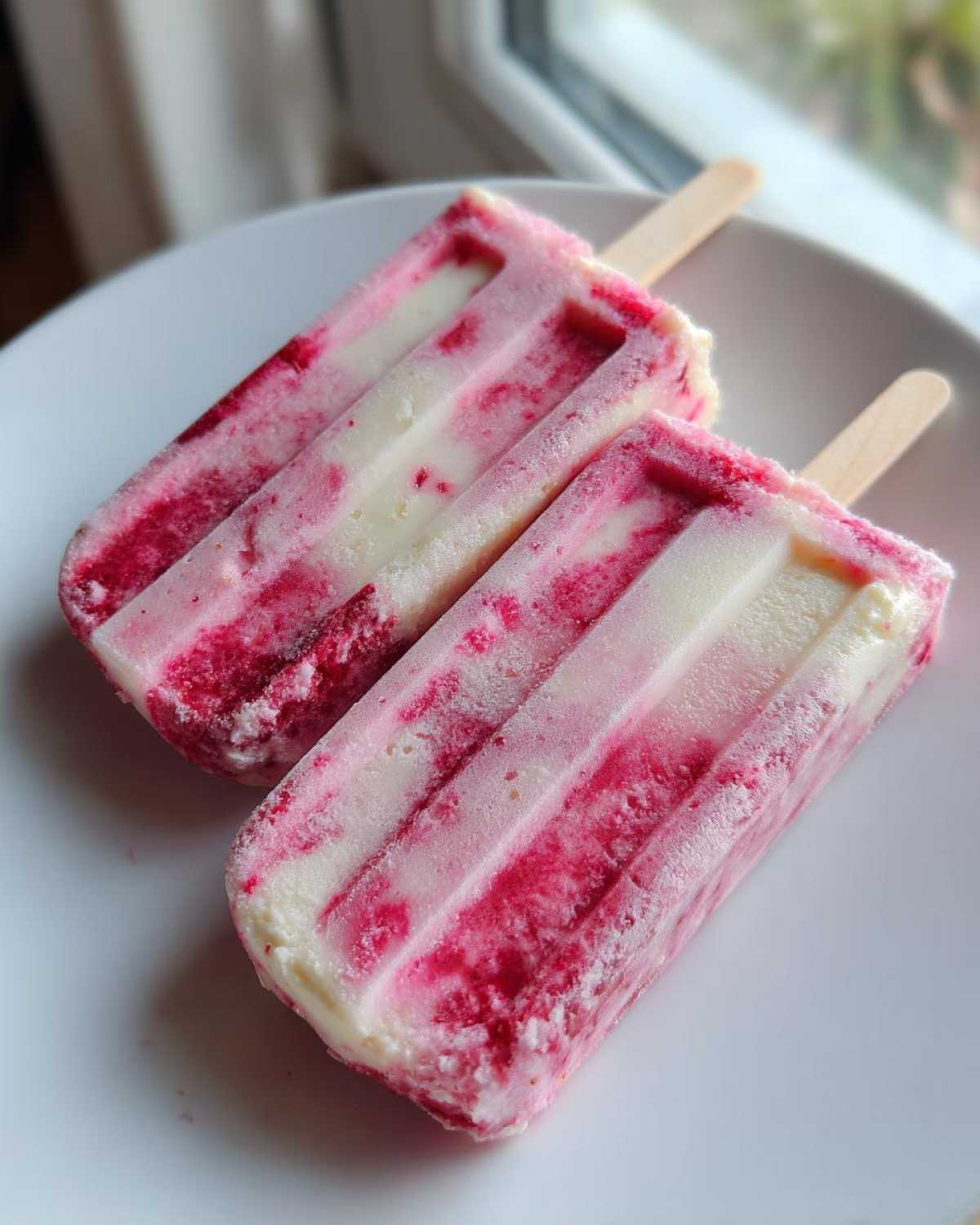 Two frozen Rhubarb and Greek Yogurt Popsicles with pink swirls resting on a white plate near a window.