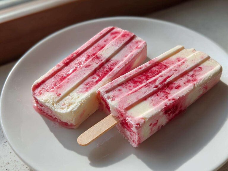 Amazing 10 Rhubarb and Greek Yogurt Popsicles Two frozen Rhubarb and Greek Yogurt Popsicles with pink swirls resting on a white plate in sunlight.