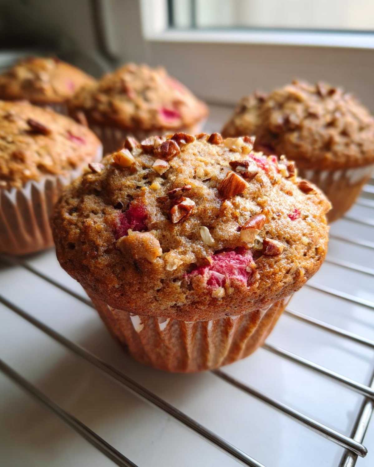 A close-up of a freshly baked Rhubarb and Pecan Muffin topped with chopped pecans, resting on a cooling rack.