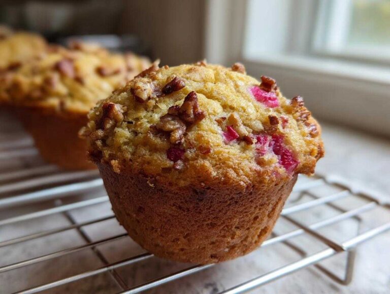 A close-up of a golden-brown Rhubarb and Pecan Muffins cooling on a wire rack, showing bright pink rhubarb pieces.