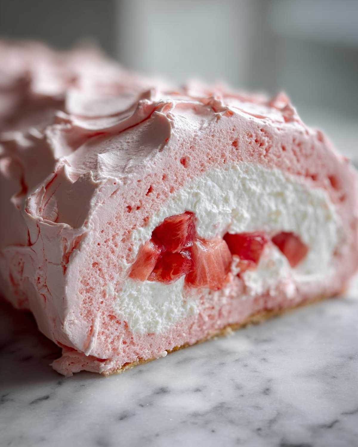 Cross-section of a pink Rhubarb and Rose Meringue Roulade filled with cream and chopped rhubarb pieces.