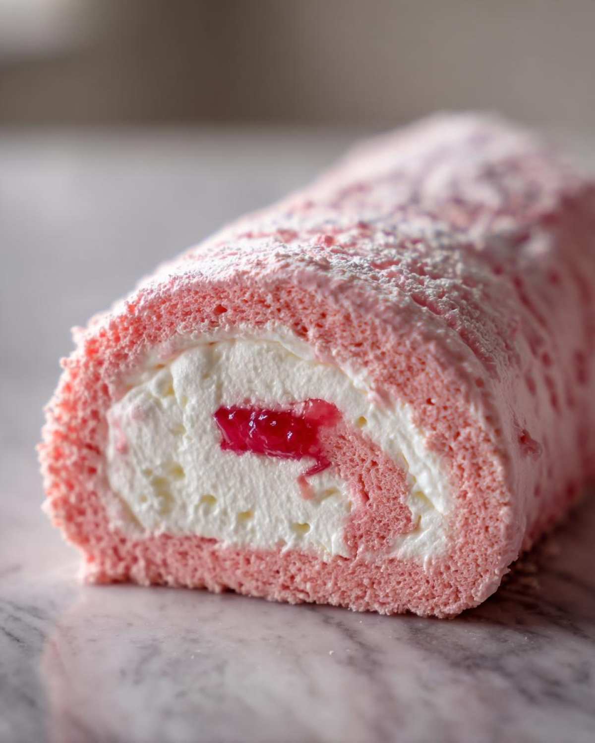 Close-up of a slice of pink Rhubarb and Rose Meringue Roulade filled with white cream and a piece of red rhubarb filling.