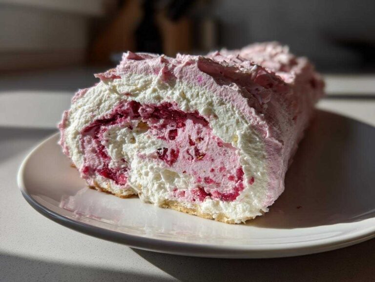 Close-up of a slice of Rhubarb and Rose Meringue Roulade showing the swirl of pink filling and white cream.